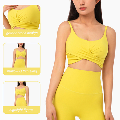Bright Color Shallow Front Criss Cross Sports Bra Women Nylon Top With Removable Pads