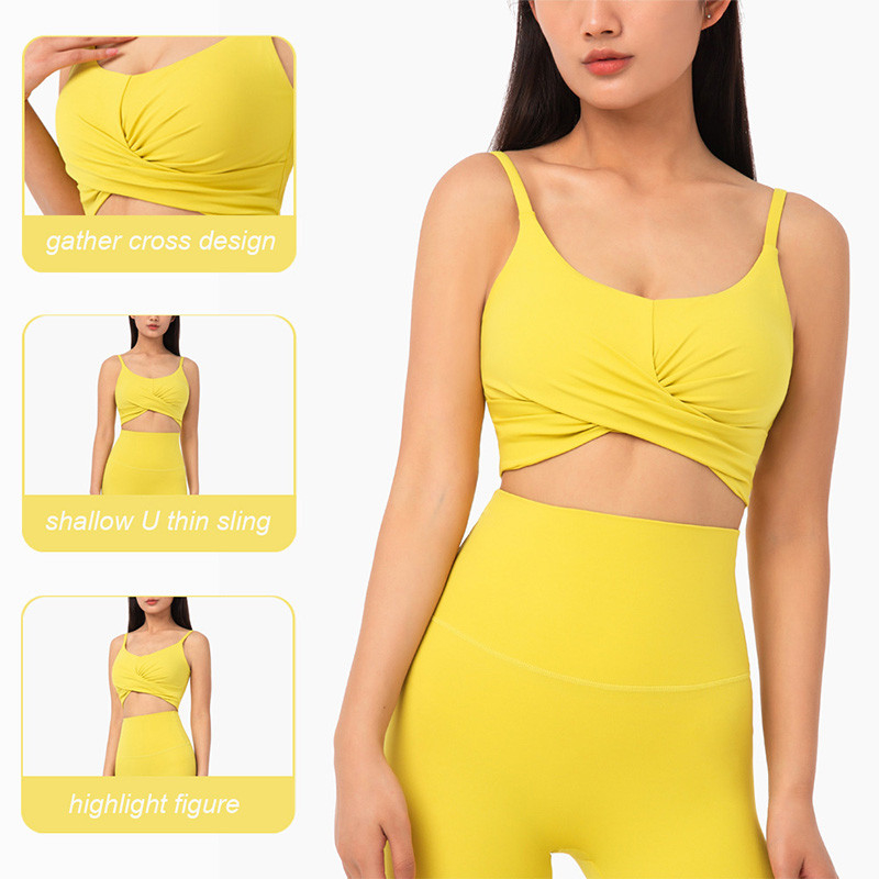 Bright Color Shallow Front Criss Cross Sports Bra Women Nylon Top With Removable Pads